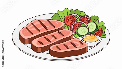 Three grilled steaks served with a fresh salad and dipping sauce on a plate