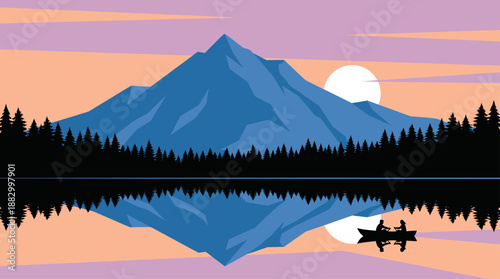 Serene Mountain Landscape with Lake Reflection and Rowing Boat Flat Design Vector Illustration