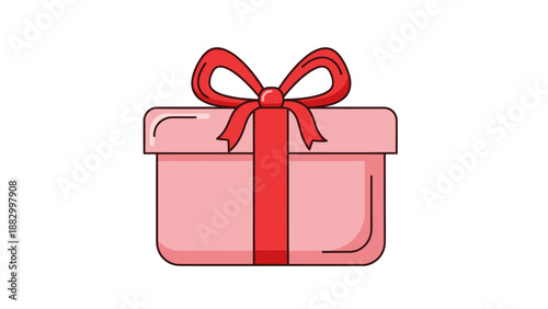 Pink Gift Box with Red Ribbon and Bow, Isolated on White Background