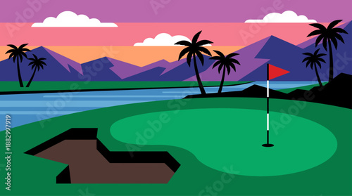 Tropical Golf Course Landscape with Sand Bunker and Mountains Flat Design Vector Illustration