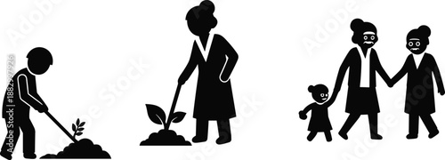 Elderly silhouette icons showing daily activities, intergenerational moments, mobility aids and companionship in black graphic style