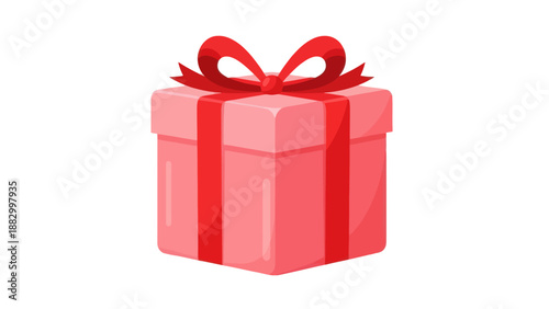 Pink Gift Box with Red Ribbon and Bow, Isolated on White Background