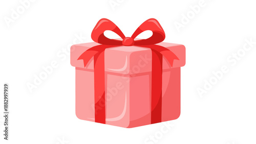 Pink Gift Box with Red Ribbon Bow, Isolated on White Background, Vector Illustration