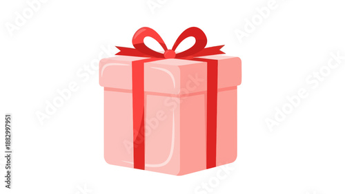 Pink Gift Box with Red Ribbon and Bow Isolated on White Background