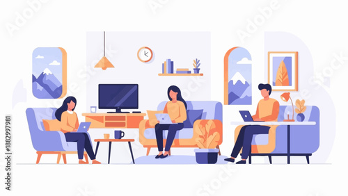 Three individuals work remotely on laptops in a cozy, modern living room setting