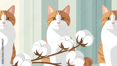 Three orange and white cats sit with cotton plants in front of a striped background
