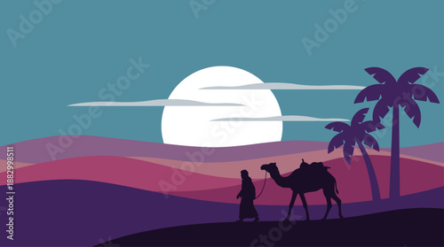 Minimalist Vector Illustration of a Nomad Leading a Camel through a Desert at Sunset