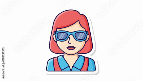 Stylized illustration of a woman with red hair and blue sunglasses
