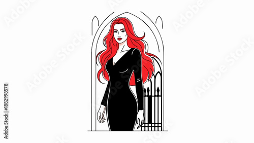 Stylized illustration of a woman with red hair and black dress, gothic archway