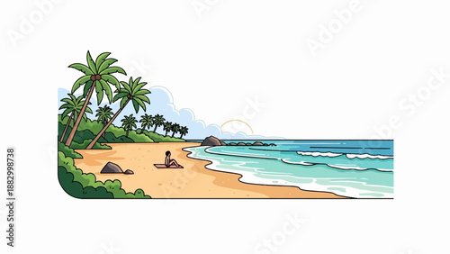 Serene tropical beach with palm trees, gentle waves, and a person relaxing