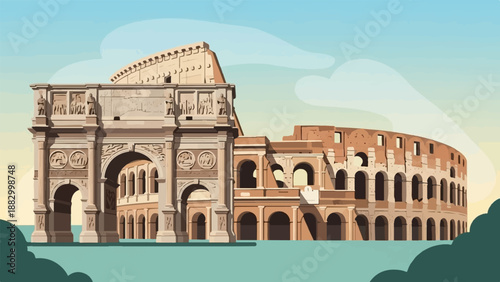 Stylized illustration of ancient Roman landmarks under a pale sky
