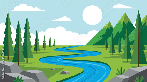 Nature Landscape with Winding Blue River and Green Mountains Flat Design Vector Illustration