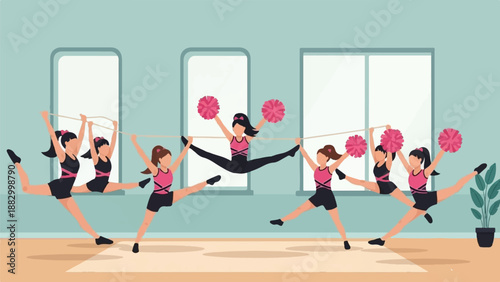 Team of young athletes perform synchronized leaps and stretches in a bright gymnasium