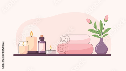 Serene spa display with lit candles, rolled towels, and a vase of flowers