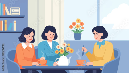 Three women enjoying a warm beverage and conversation in a cozy room