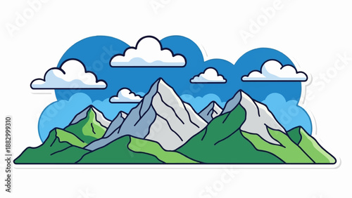 Stylized illustration of mountain peaks under a blue sky with clouds