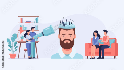 Stylized illustration of people in a room, with a treatment being applied to a man's head