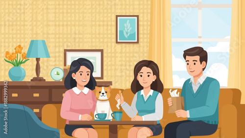 Three people and a dog sit at a table in a cozy room