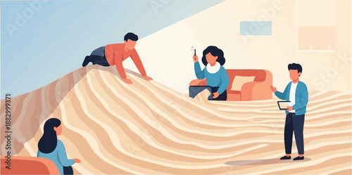 Stylized illustration of people interacting in a surreal, layered landscape