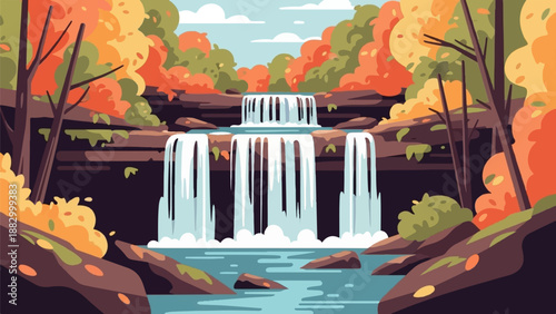 Stylized autumn forest waterfall scene with flowing water cascading over rocks