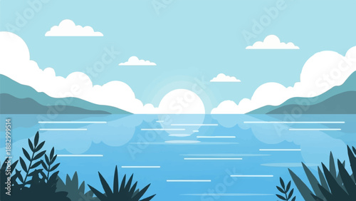 Serene lake scene with soft sunrise, rolling hills, and lush foliage