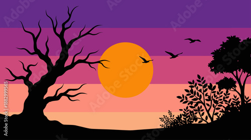 Flat Design Vector Illustration of a Minimalist Sunset Landscape with Tree Silhouettes and Birds