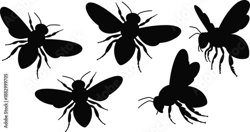 Five distinct black bee silhouettes hover across a plain white background in various flight positions