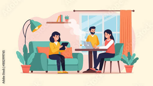 Three people collaborate in a cozy living room environment