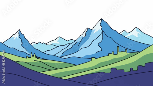 Stylized blue snow-capped mountains rise over green hills and purple valleys