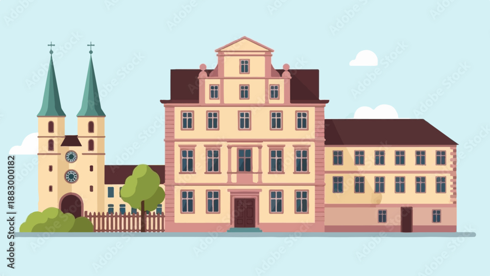 Obraz premium Stylized European town with church and buildings