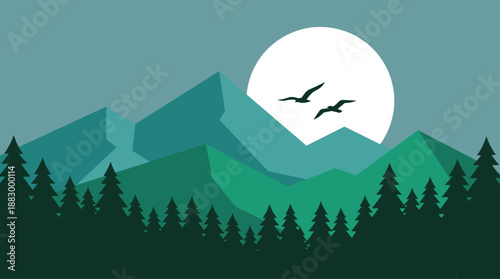 Serene Mountain Landscape Vector Illustration in Flat Design with Forest and Birds