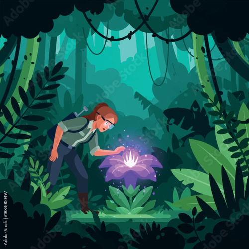 Woman Examining Rare Purple Jungle Flower.