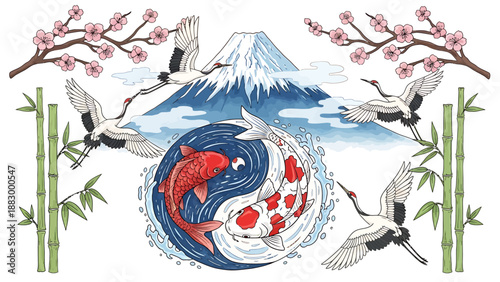 Harmonious Japanese art with Mount Fuji, elegant cranes, cherry blossoms, bamboo, and balanced yin-yang Koi fish, symbolizing culture, nature, and tradition