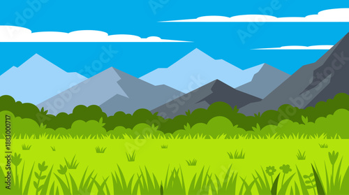 Flat Design Vector Illustration of a Peaceful Mountain Landscape with Green Meadows and Blue Sky