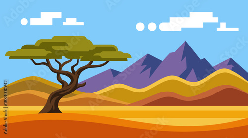 African Savanna Landscape with Acacia Tree and Mountains Vector Illustration Flat Design