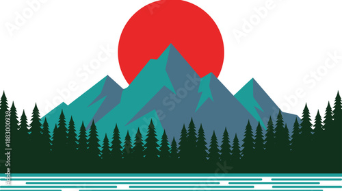 Flat Design Mountain Landscape Vector Illustration with Pine Forest and Red Sun Minimalist Style