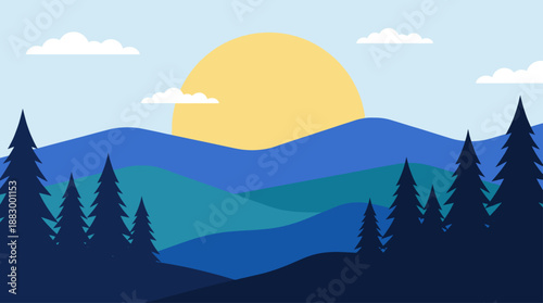 Minimalist Mountain Landscape Vector Illustration with Pine Trees and Sun in Flat Design