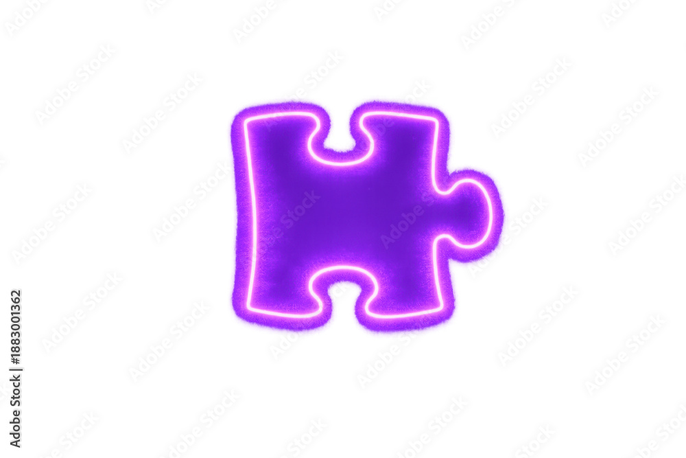 Fototapeta premium Purple glowing neon jigsaw puzzle piece connecting ideas, solution, challenge, and strategy on transparent background