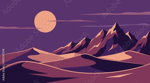 Desert Mountain Landscape at Night with Moon Vector Illustration in Flat Design