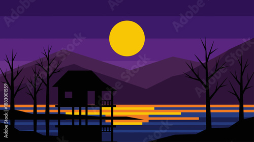 Vector Illustration of a Peaceful Night Landscape with House and Full Moon in Minimalist Flat Design