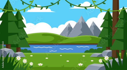 Flat Design Nature Landscape with Mountains River and Pine Trees Vector Illustration