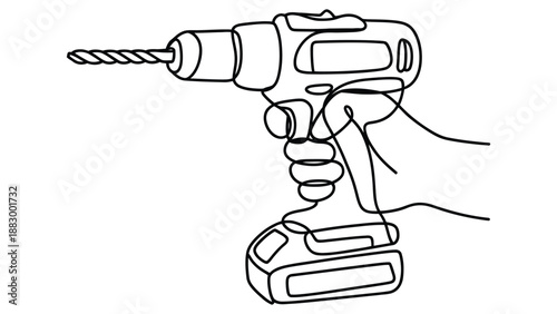 Minimal line art electric drill illustration representing power tool, construction work, home improvement, repair and diy concept