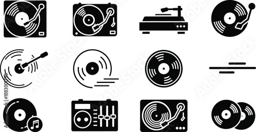 vinyl records and DJ equipment. DJ graphics analog music playback vector icon set. 