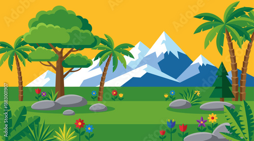 Flat Design Vector Illustration of a Tropical Mountain Landscape with Trees and Flowers