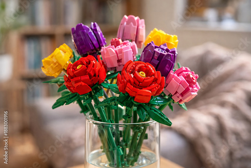 Colorful LEGO flower bouquet in vase, unique everlasting Valentine's day gift, home decor