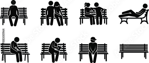 Stick figure people sitting and relaxing on park benches vector illustration icons silhouette set. 