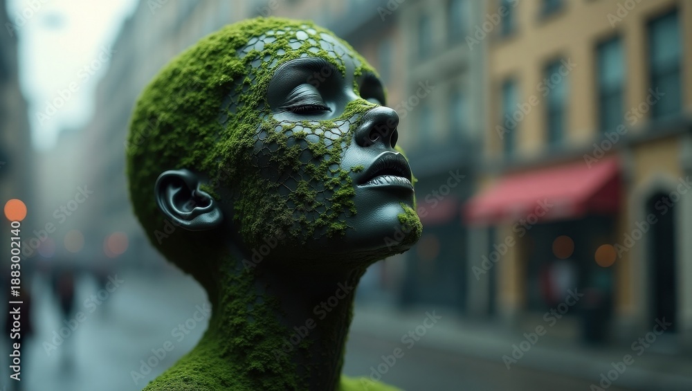 Fototapeta premium Urban nature, mossy face in cityscape