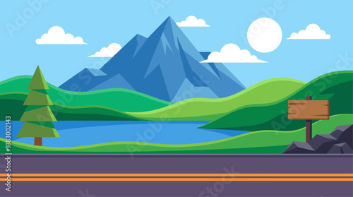Scenic Mountain Road Trip Landscape with Lake and Forest Flat Design Vector Illustration