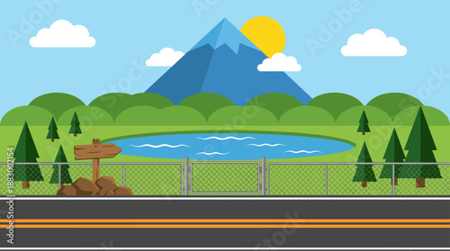 Scenic Mountain Landscape with Blue Lake and Road Flat Design Minimalist Vector Illustration