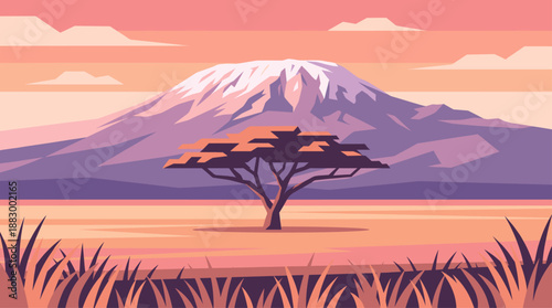 Flat Design Vector Illustration of a Scenic African Savanna Landscape with Snow Capped Mountain